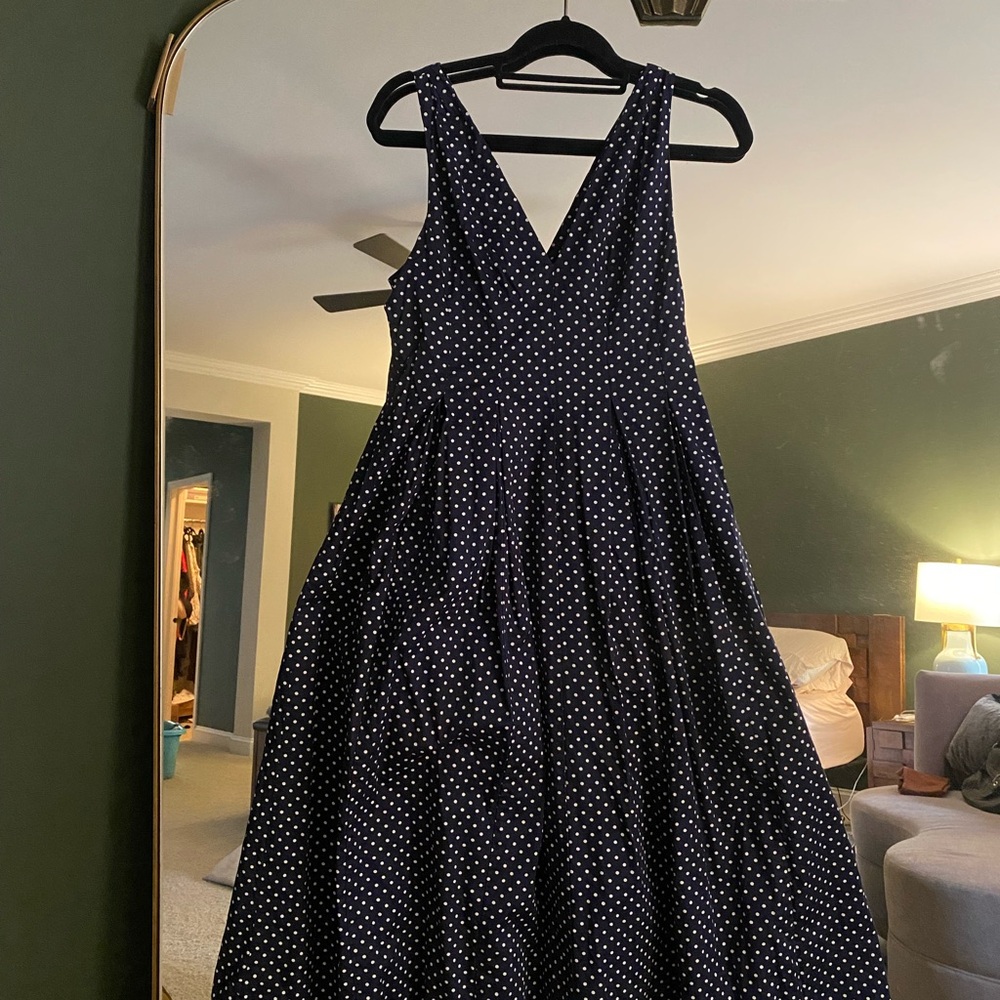 Hill House Navy and White V-Neck A-Line Midi Dress Jaqueline